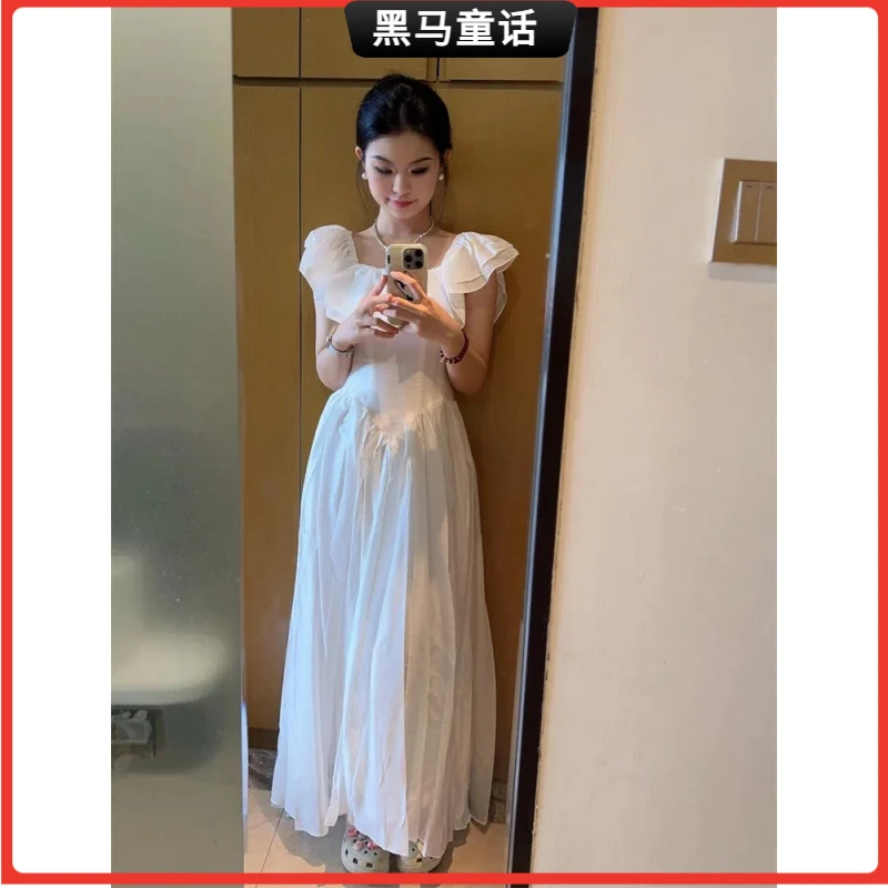 12025清新温柔显瘦气质白色长裙夏季新款收腰荷叶ins连衣裙子I