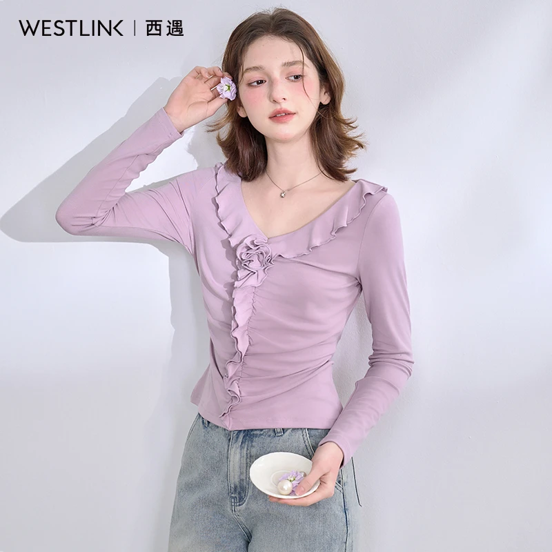 0130西遇【优雅紫玫瑰】纯欲辣妹风荷叶边V领T恤女2025春季修身上衣