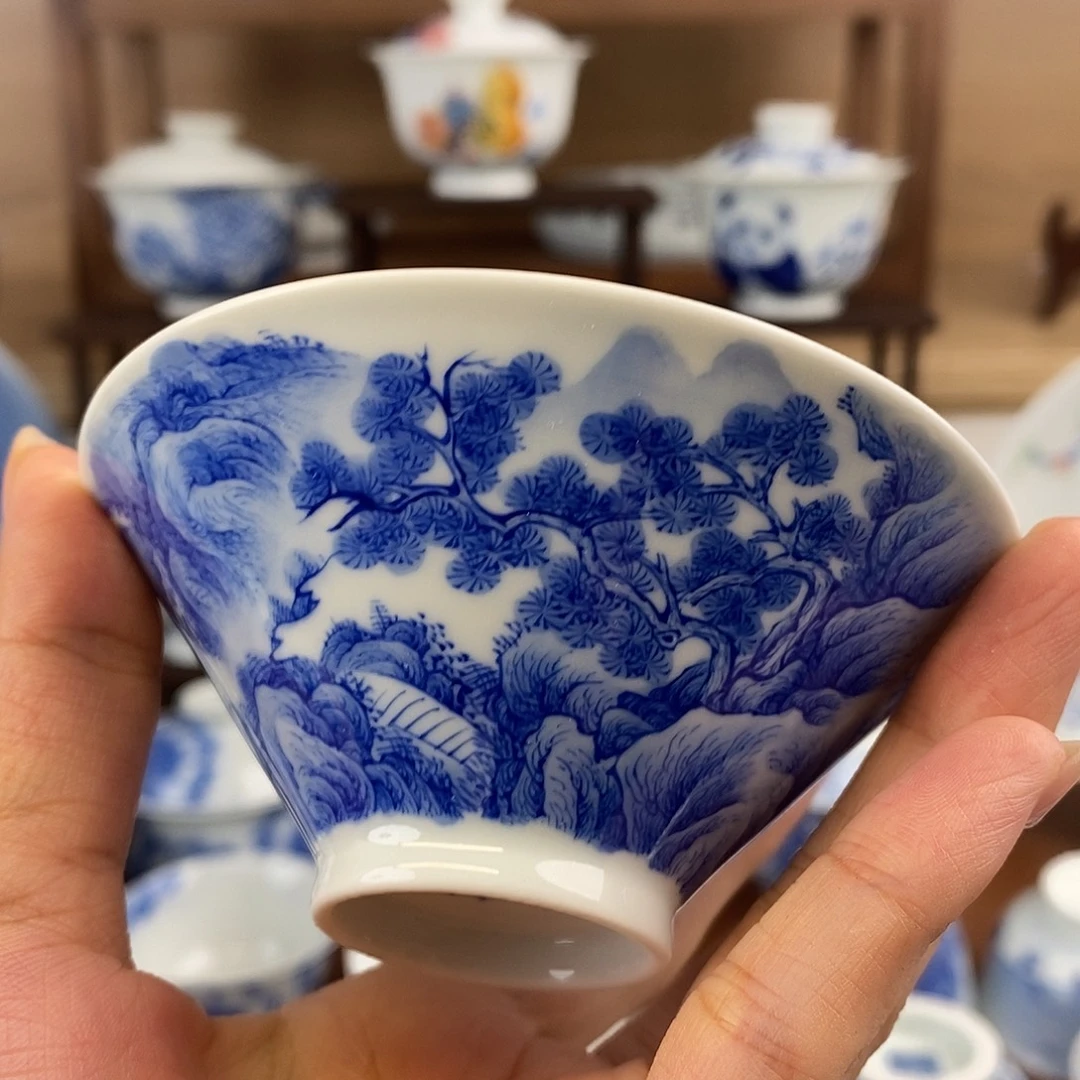 青堂造物山水满绘斗笠杯杯