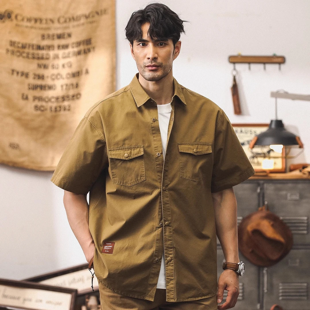 美式复古阿美咔叽纯棉工装衬衫男士短袖夏季潮牌宽松男装衬衣外套