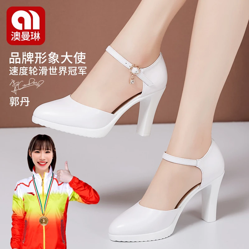 真皮9cm白色走秀凉鞋女新款一字扣细跟尖头高跟鞋包头中空单鞋