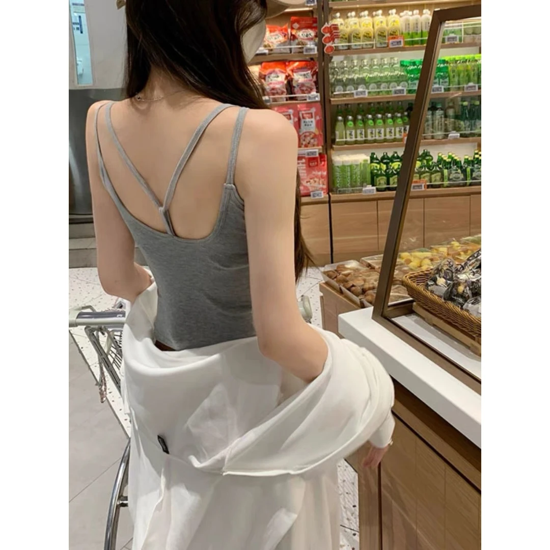 方领美背吊带女士防走光打底背心免穿文胸一体带胸垫抹胸无袖