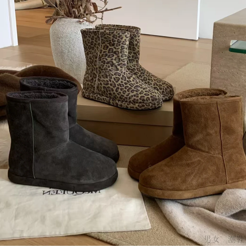 欧洲站2025秋冬新款豹纹羊皮毛一体女士平底保暖防滑短款雪地棉靴