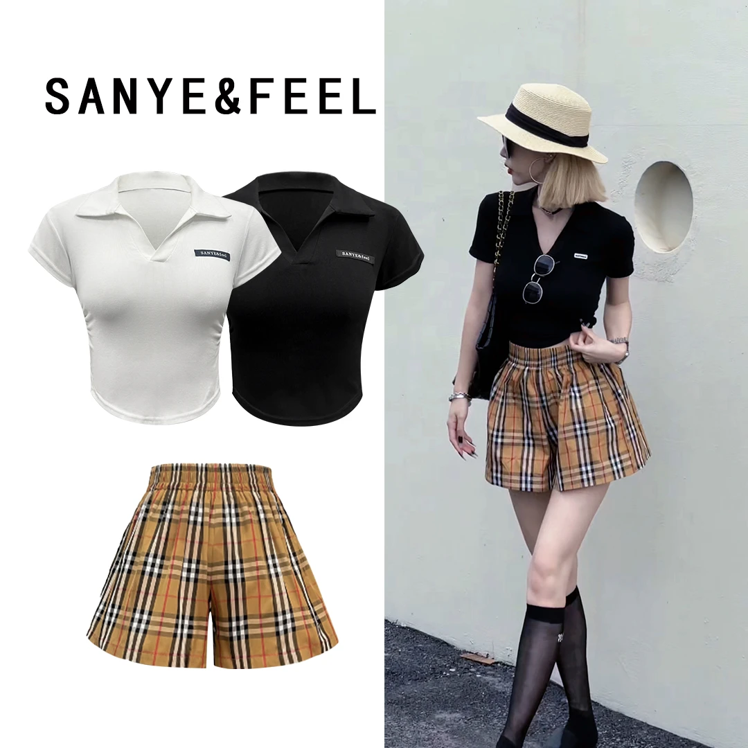 芒果-【九折福利】夏季新款polo经典格子潮流休闲套装52131QS