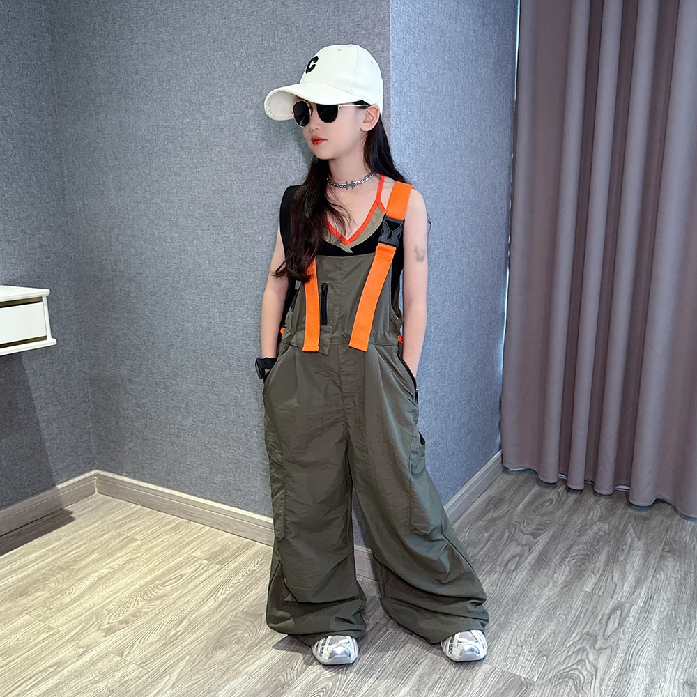 女童夏季背带裤套装2025新款休闲工装裤中大童韩版时尚连体裤子