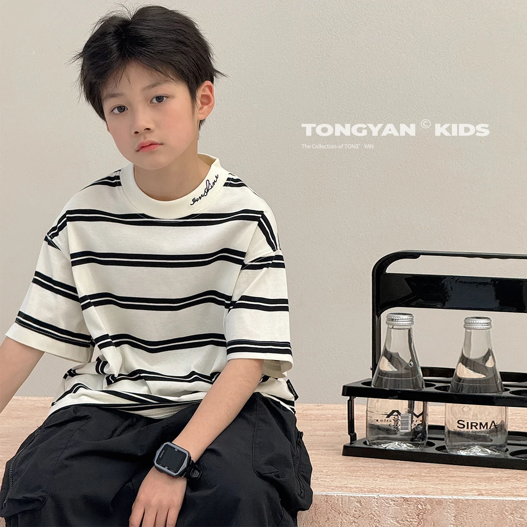 男童夏装短袖T恤新款自制中大童条纹薄款半袖儿童五分袖韩TY70911