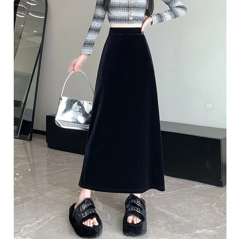 金丝绒半身裙女春秋2025新款高腰垂感A字裙复古显瘦丝绒半身长裙