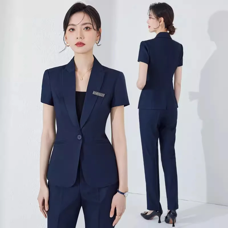 藏蓝色西装套装女夏季职业修身气质正装珠宝店酒店经理后开叉工装