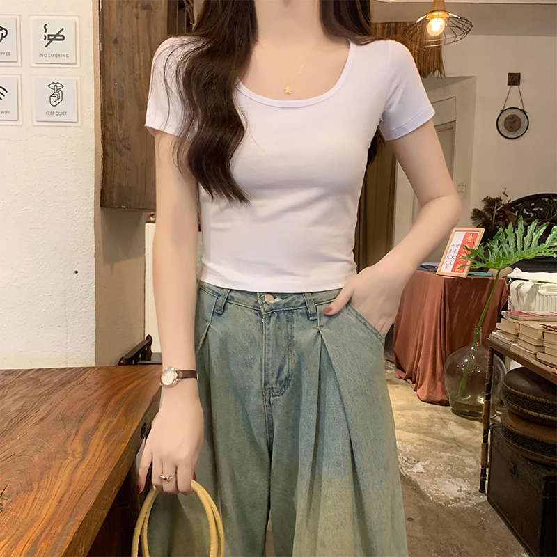 2024夏季新款圆领短袖T恤女短款高腰露脐正肩修身半袖上衣体恤