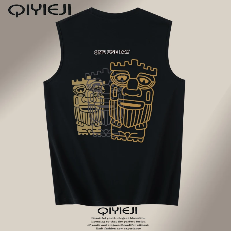 重磅无袖T恤夏季男士纯棉坎肩背心休闲风印花宽松运动汗衫上衣