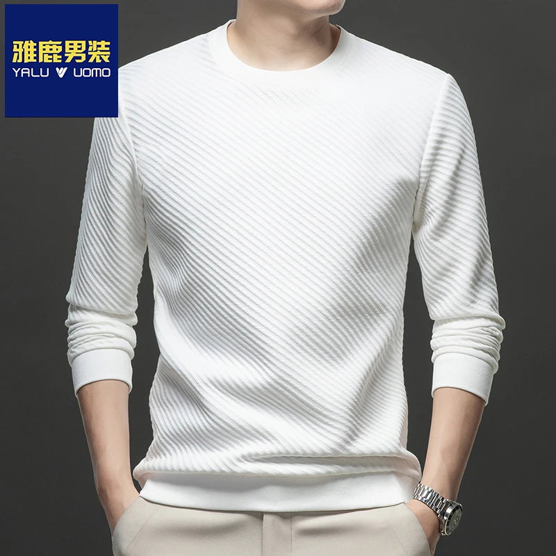 雅鹿男装男士长袖T恤春秋季新款时尚螺纹百搭休闲圆领打底衫上衣