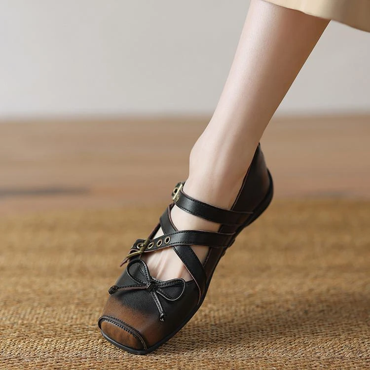 吴二小真皮擦色复古皮带扣芭蕾舞鞋女平底法式复古玛丽珍单鞋潮