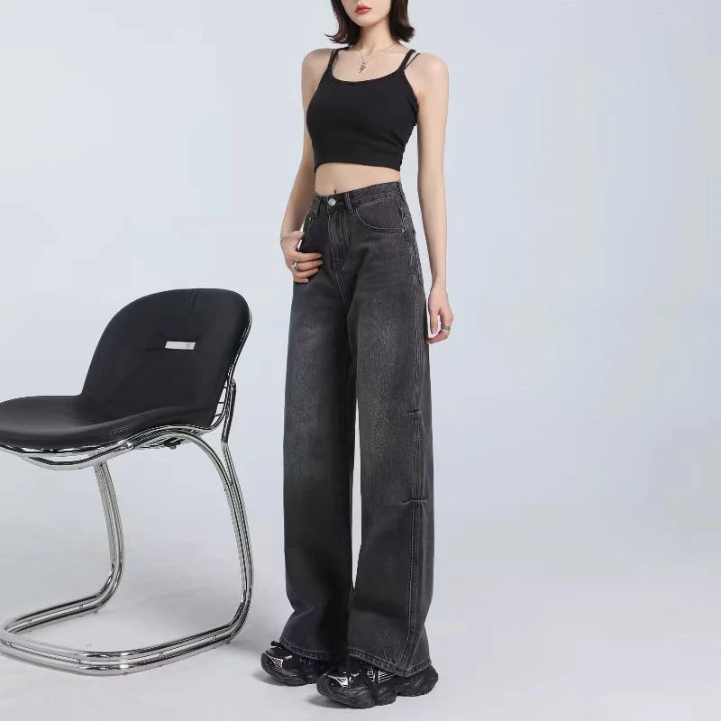 FDOA  福利清 脚口满印 烟灰色 高腰高弹 女士 阔腿 牛仔裤