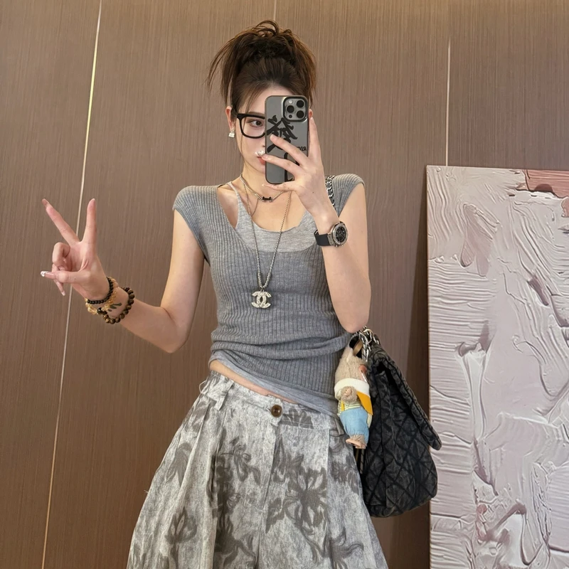 【LLU李】假两件针织衫显瘦修身百搭短袖t恤女夏季紧身收腰打底上衣