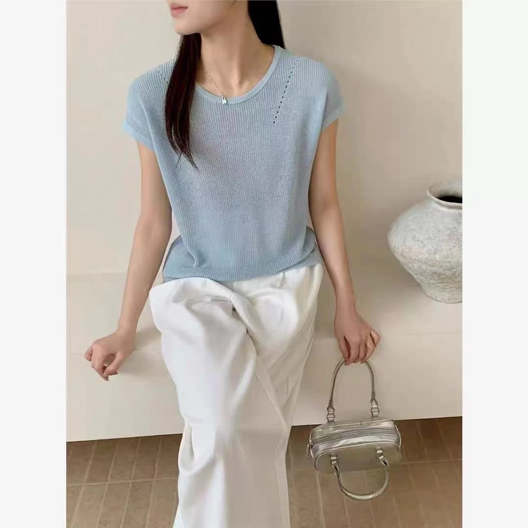 法式镂空后背单排扣冰丝针织衫女2025夏季新款显瘦薄款清凉上衣潮