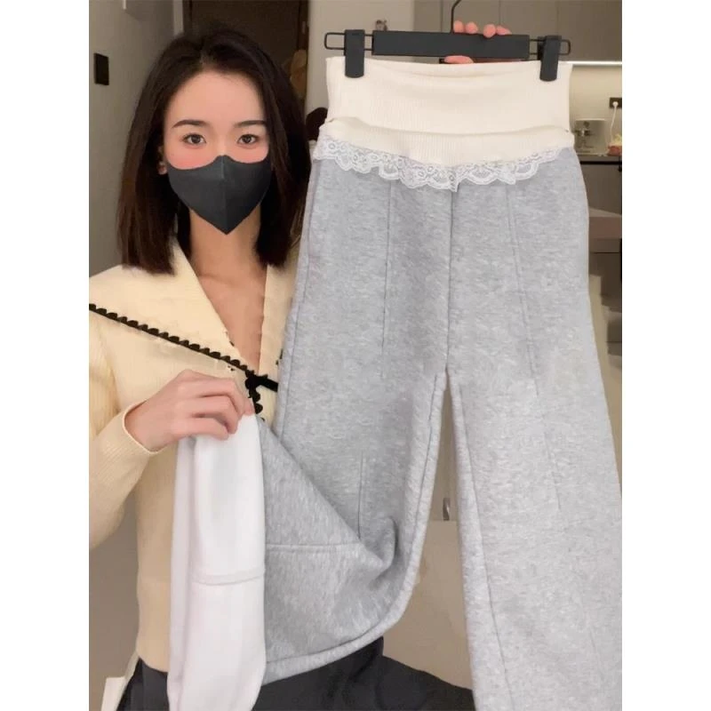 美式复古蕾丝拼接阔腿裤女冬季高腰显瘦百搭拖地直筒休闲长裤子