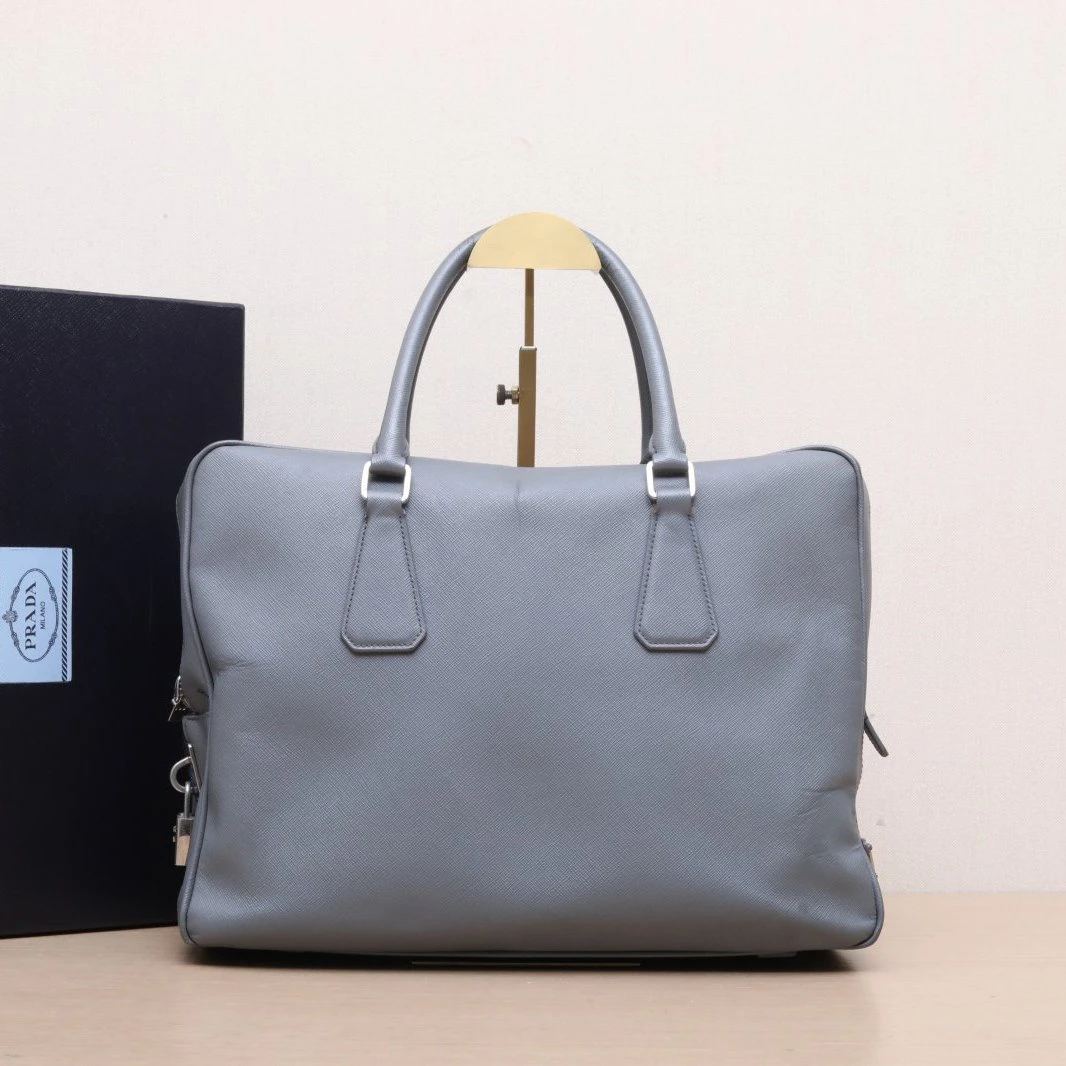 95新 Prada/普拉达 小花Jerry灰色 皮革C 手提包 公文包