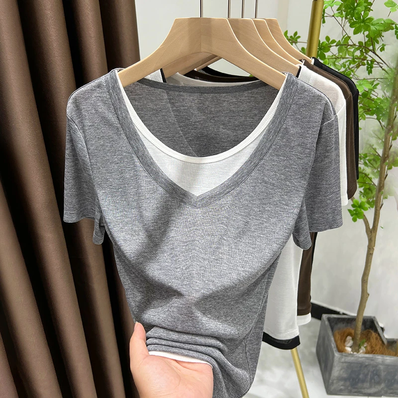 2025春季灰色修身内搭上衣女新款小众T恤假两件圆领显瘦打底衫薄