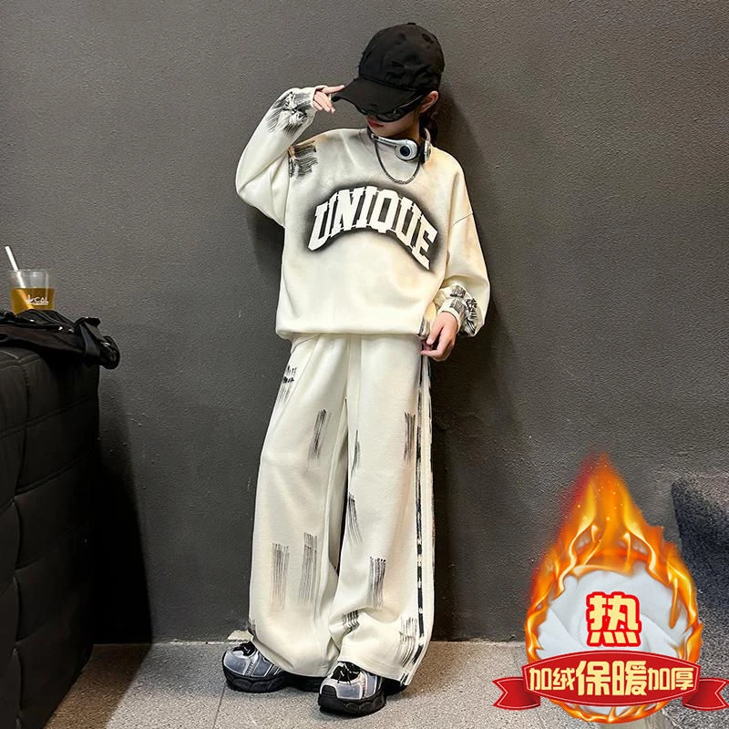 女童秋冬套装2025新款加绒运动卫衣中大童潮酷涂鸦秋冬百搭两件套