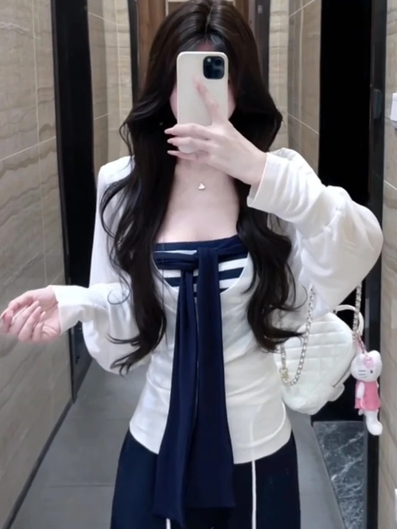 S-4XL早秋套装女纯欲风蝴蝶结条纹抹胸搭配长袖罩衫上衣两件套