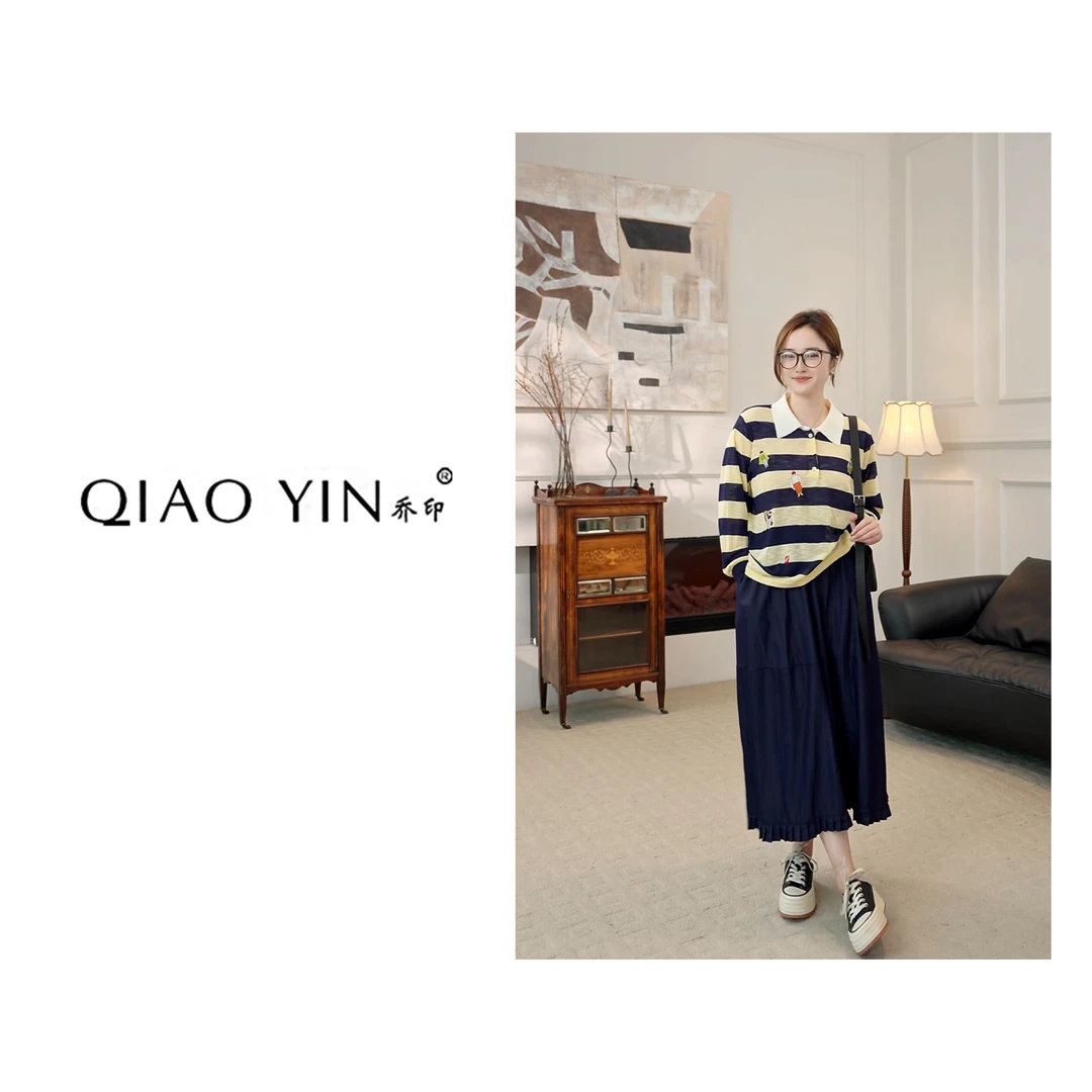 QIAO YIN“小衫”长袖时尚宽松条纹翻领套头撞色QY27181