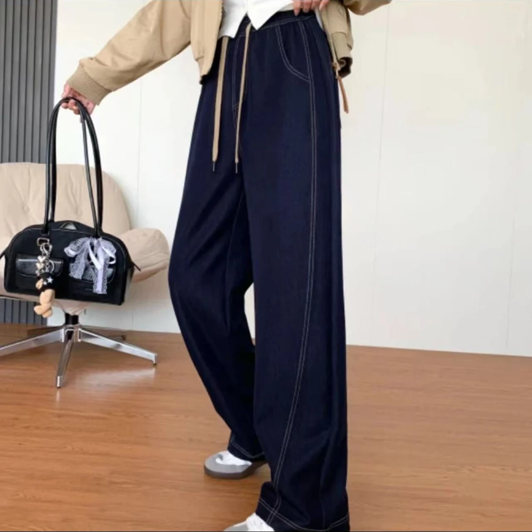 （运费补贴 6-10）丹宁蓝松紧腰牛仔春夏显瘦垂感薄款阔腿裤2808