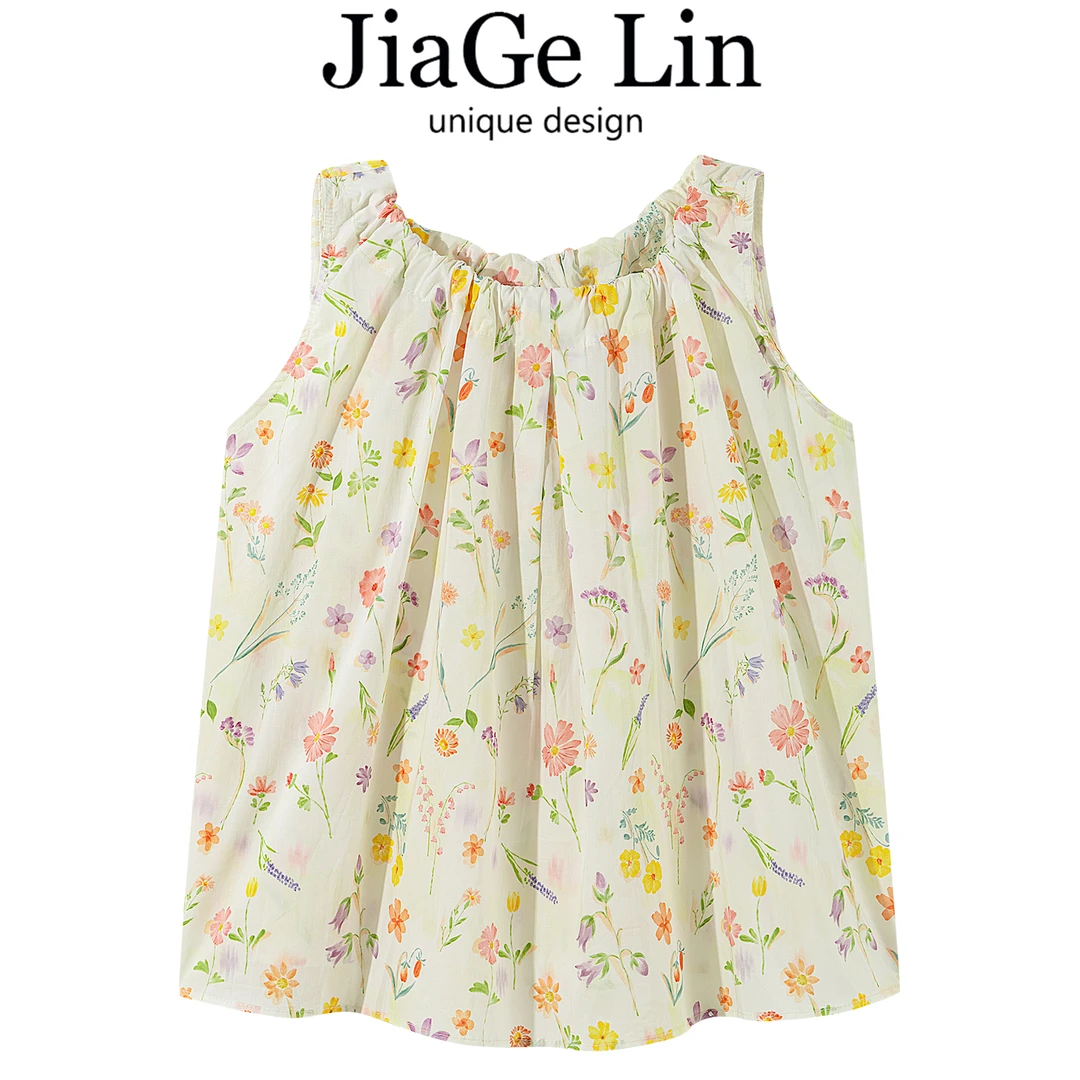 JiaGeLin韩系甜美风印花挂脖吊带背心休闲小衫女夏季洋气百搭上衣