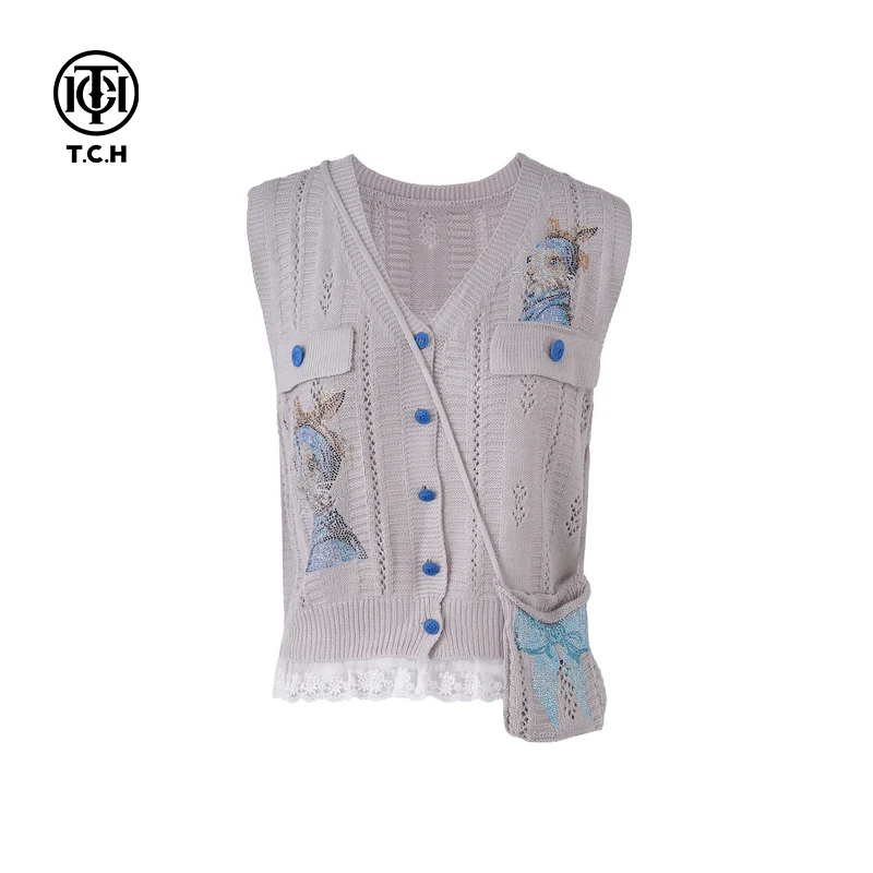 下架-TCH私服烫钻工艺时尚小兔子灰色针织马夹女T75A09E5103