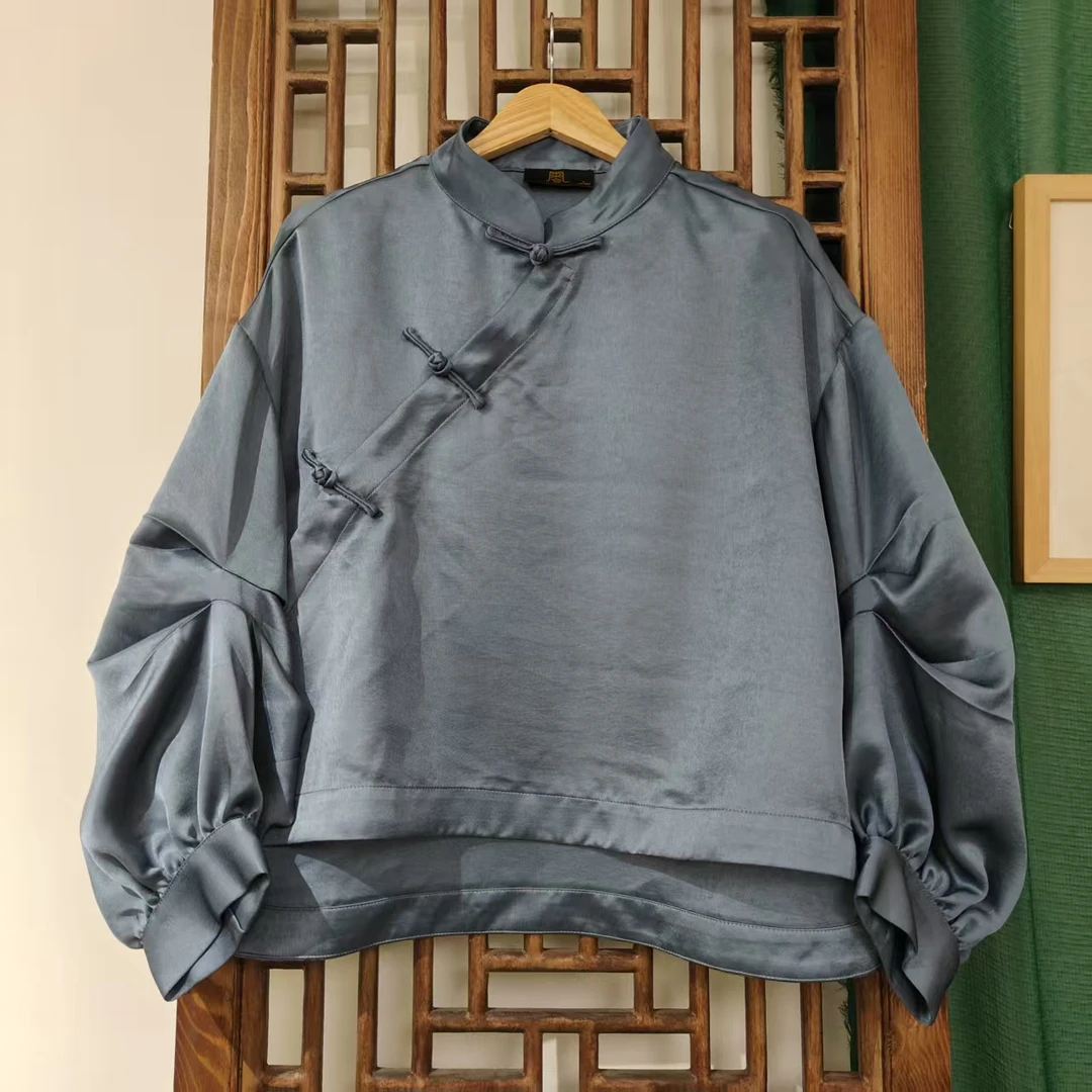 凤徕兮私人定制灰蓝色光板捏褶袖斜襟盘扣短上衣 (SY5202)