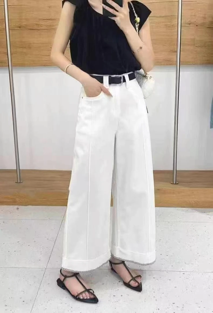 【代莹优选】9830高腰卷边拼色阔腿显瘦牛仔裤