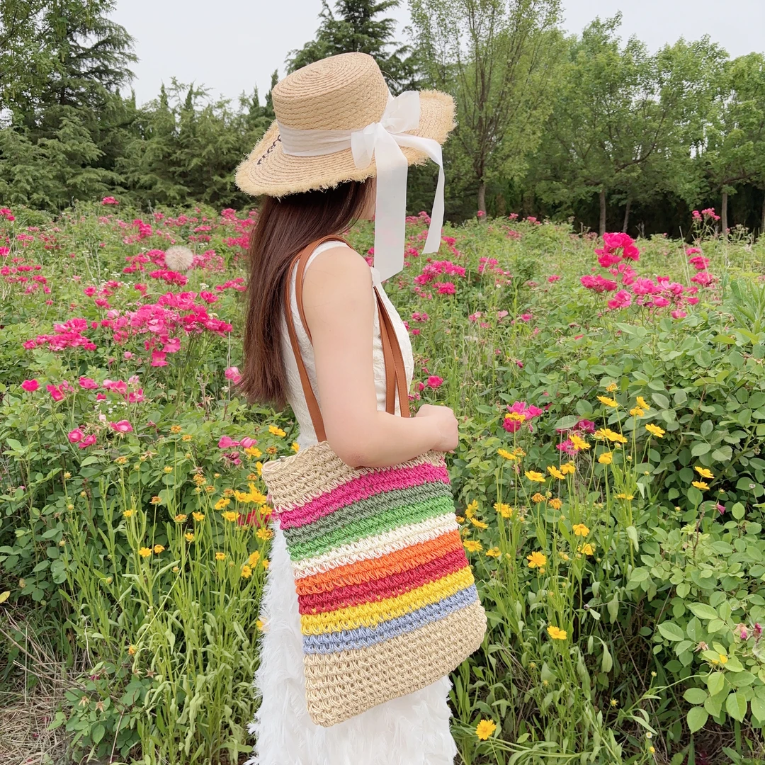 源头草编包工厂小香风双根拼色款条纹编织单肩包民族风草编包极简