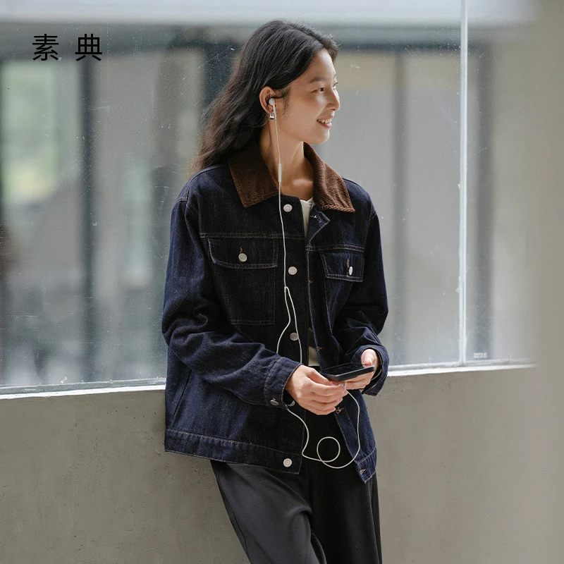素典【焦糖琥珀】复古灯芯绒拼接牛仔外套女休闲工装风翻领上衣4993
