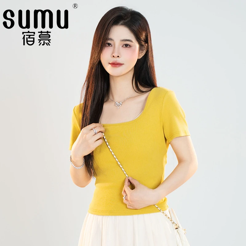 宿慕SUMU设计感短袖T恤女19089夏季2025新款时尚短款小雨女装上衣