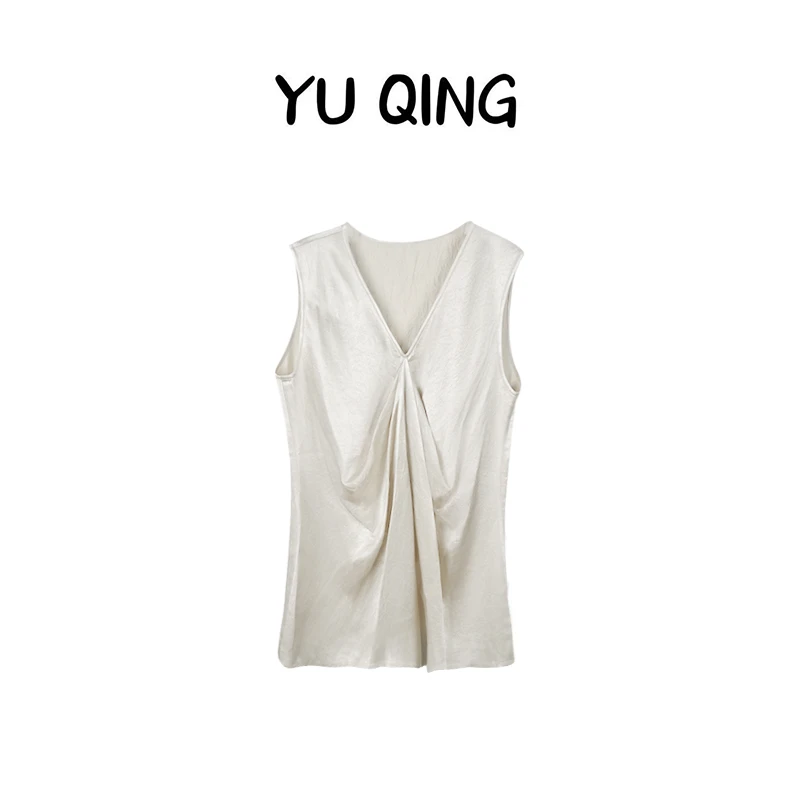 WYQ-【白茶月光】新款V领光泽感褶皱设计无袖背心小衫女