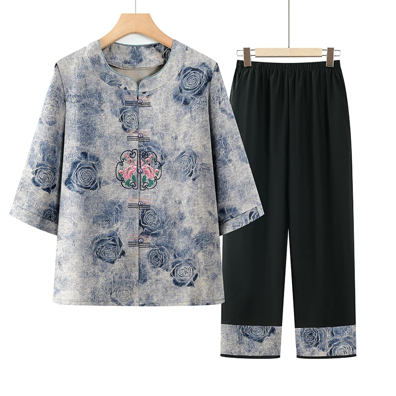 中老年新中式国风妈妈奶奶七分袖上衣裤子两件套春夏款老年人套装