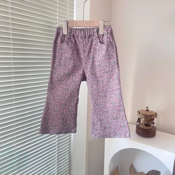 韩单 lub 25春款 微喇 紫色小碎花 女童长裤
