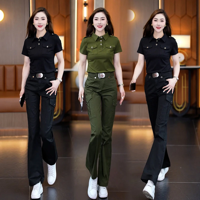 洋气喇叭裤工装套装女气质夏季新款小个子高腰显瘦减龄迷彩服军旅