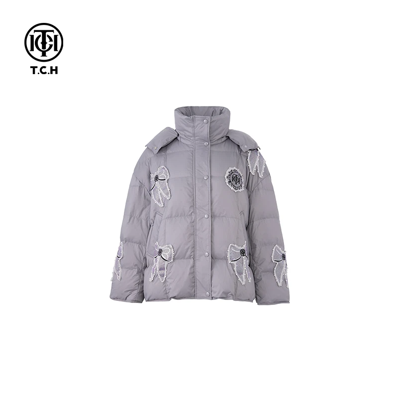 轻奢-TCH潮牌蝴蝶结烫钻保暖冬季百搭连帽羽绒服外套T72D198071