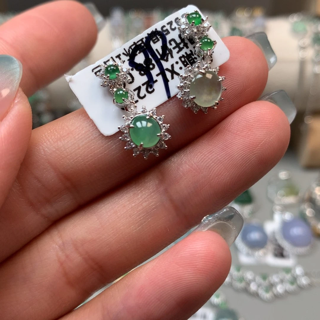翡翠戒指银S925镶嵌耳钉