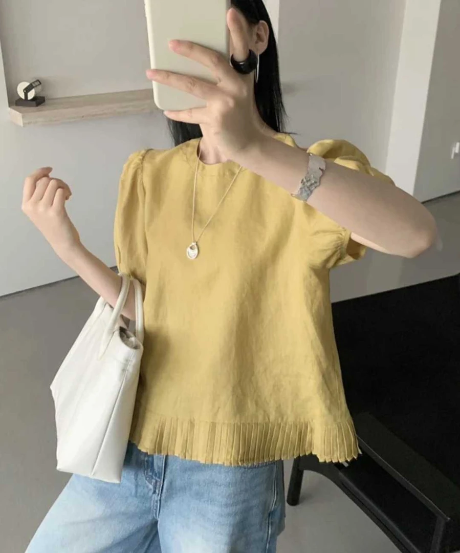 2025夏季新款圆领泡泡袖衬衫百褶花边拼接下摆时尚休闲纯色上衣女