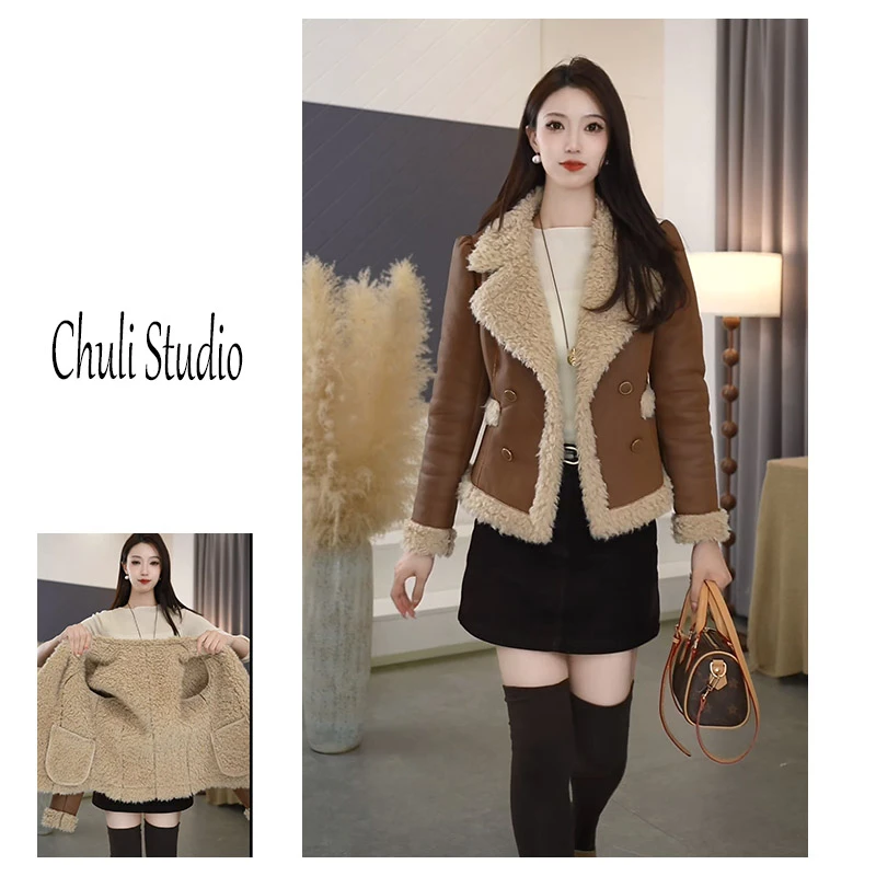 【ChuLi】专柜品质冬季复古加厚保暖修身机车服2025皮毛一体上衣