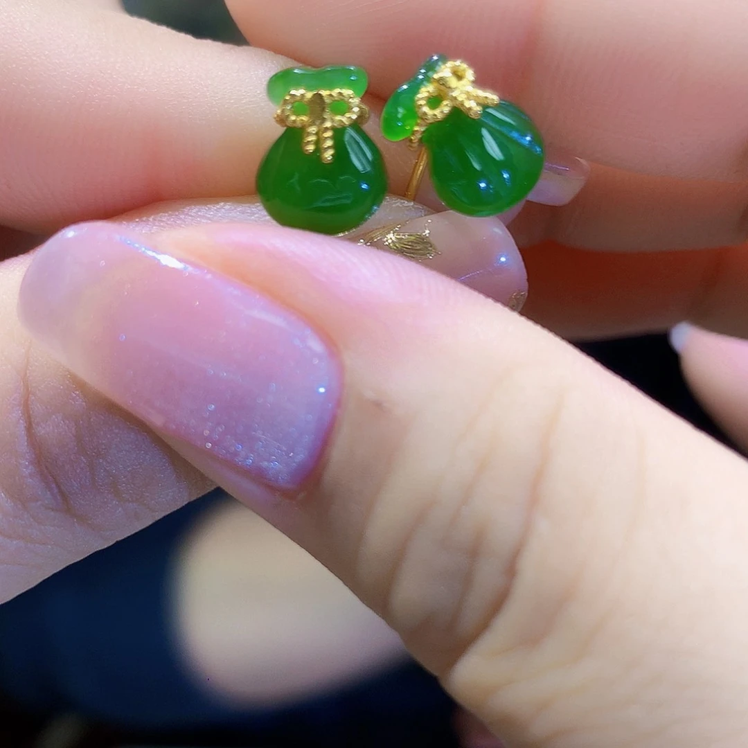 和田玉（碧玉）耳饰银S925镀金镶嵌