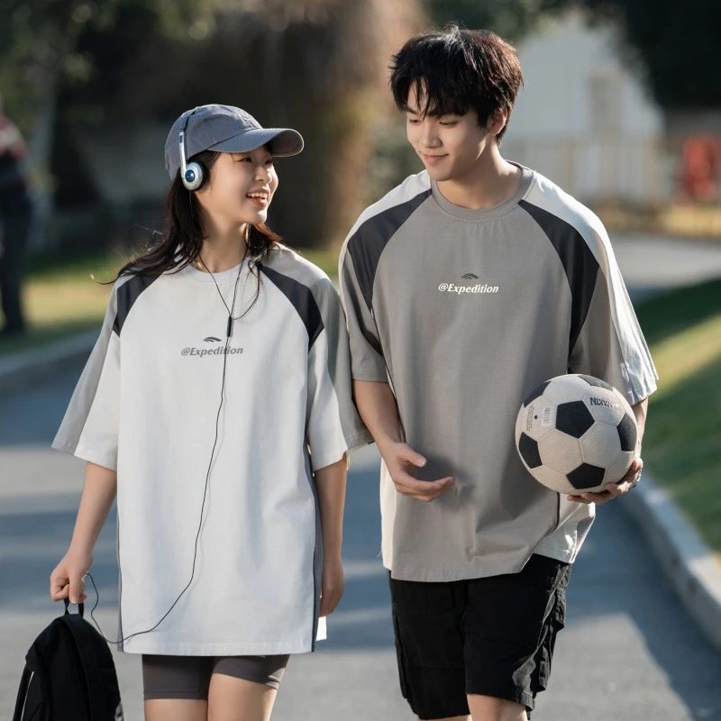 撞色拼接插肩袖短袖T恤男夏季美式字母印花半袖潮牌宽松休闲体恤