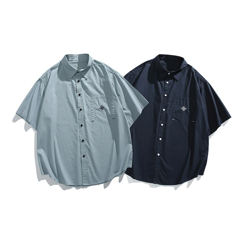 夏季重磅短袖衬衫男女宽松休闲刺绣纯棉衬衣上衣-3151