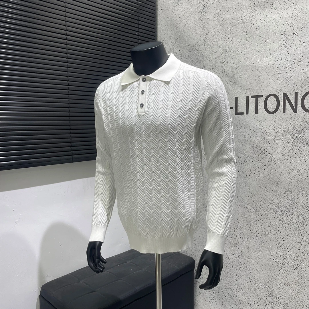 纯色扭花翻领针织polo衫毛衣男士新款高端小资小上衣羊毛打底衫男