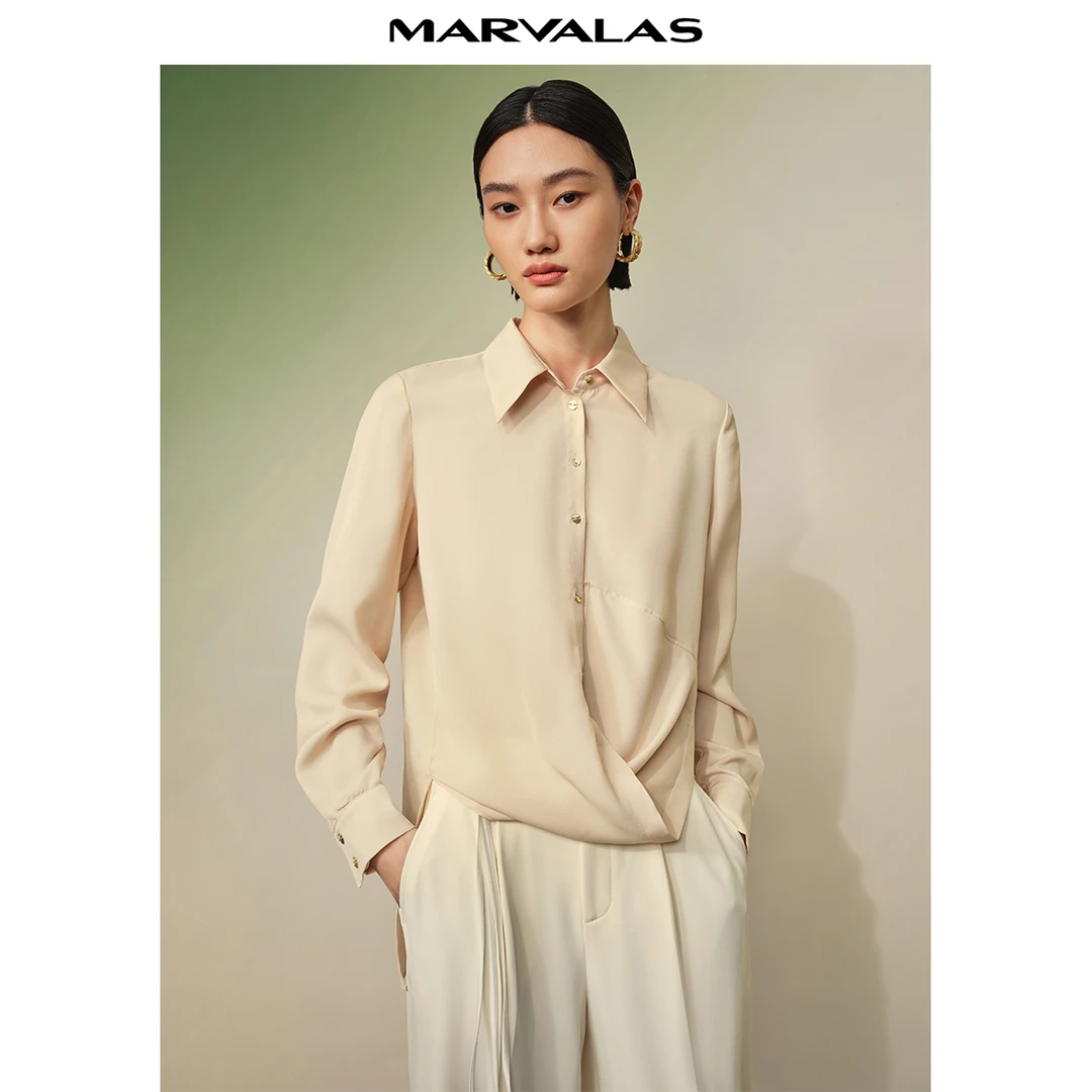 【婷婷专属】曼德诗纯色Polo领衬衫秋季长袖通勤设计感卷摆宽松衬衣