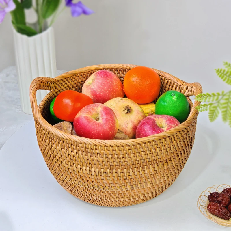 Y越南秋藤手工编织 31*17两耳大果篮馒头筐猫耳篮面包篮圆形