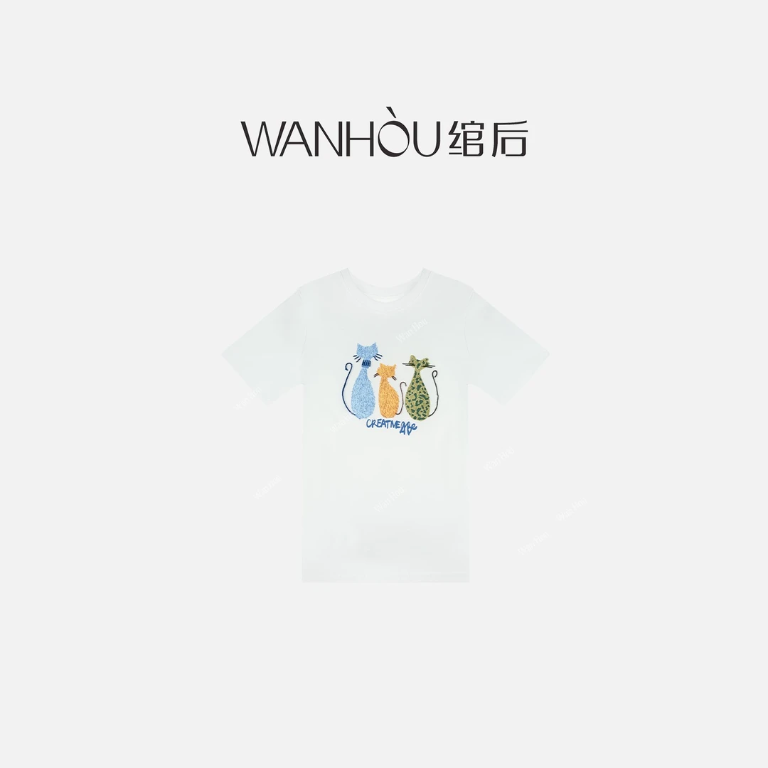 【C2368】#WH-时尚气质百搭休闲牙刷刺绣小猫上衣设计感XYZ