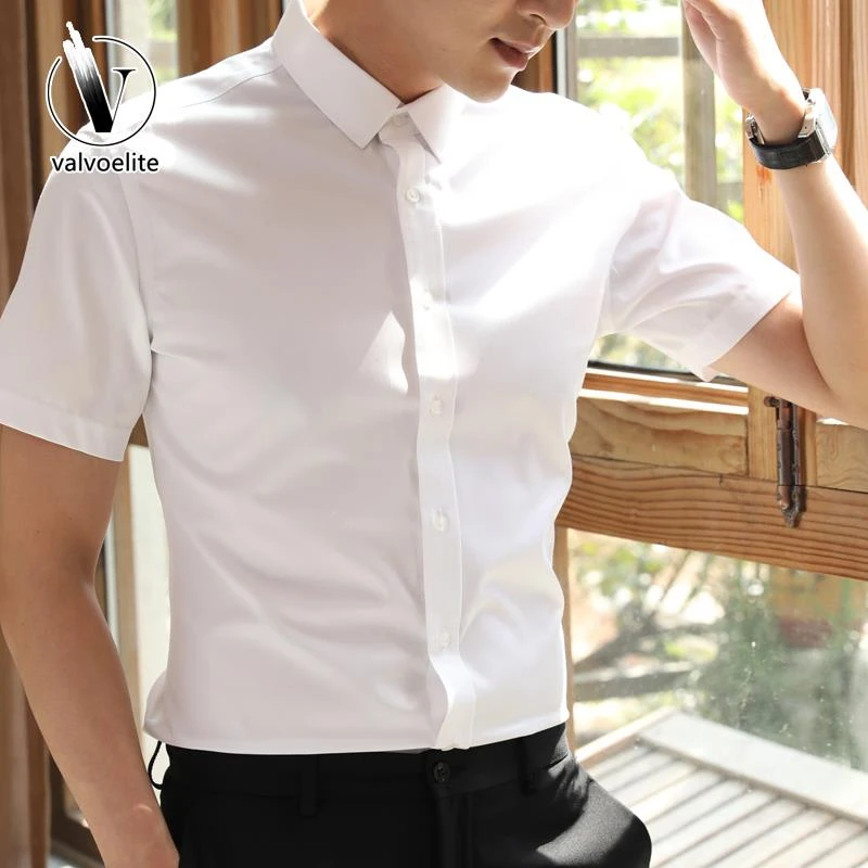VALVOELITE丝光棉夏季免烫抗皱衬衫男短袖修身商务正装衬衣工作服