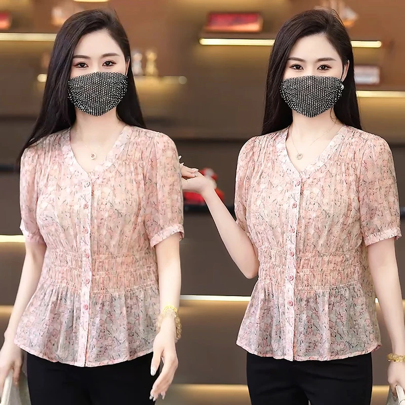 法式v领碎花收腰泡泡袖衬衫轻熟气质小众设计夏季百搭时尚上衣女